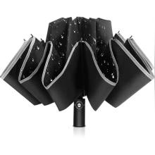 OEM Reverse doble capa 3 veces Impresión digital impermeable paraguas plegables invertidas con tira reflectante para viajar